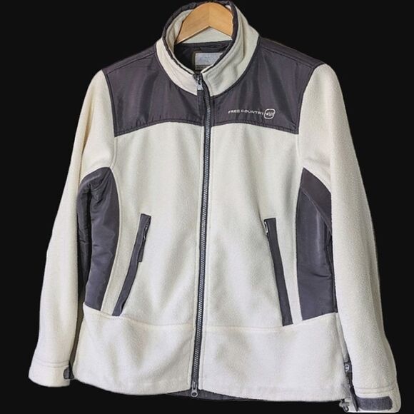 Vintage Free Country Ivory Grey Poly Fleece Zip Up Jacket size M - Picture 1 of 11